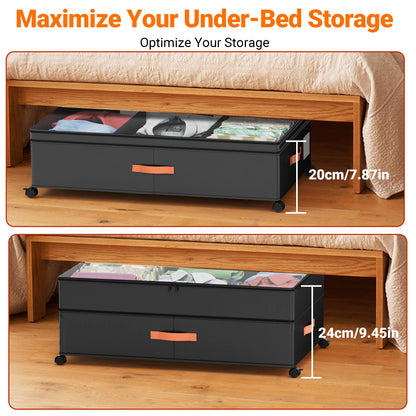 LIZEVINC 2-Pack Large Under Bed Storage with Wheels and Lids – Adjustable Height Rolling Storage Bins with Dividers, Space-Saving Underbed Organizer for Clothes, Shoes, Blankets