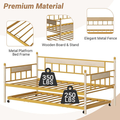 ZIVACATE Twin Metal Daybed with Roll Out Trundle - Easy Assembly,Space-Saving Design - Includes Sturdy Steel Slats-Pop up trundle bed (Gold, Twin)