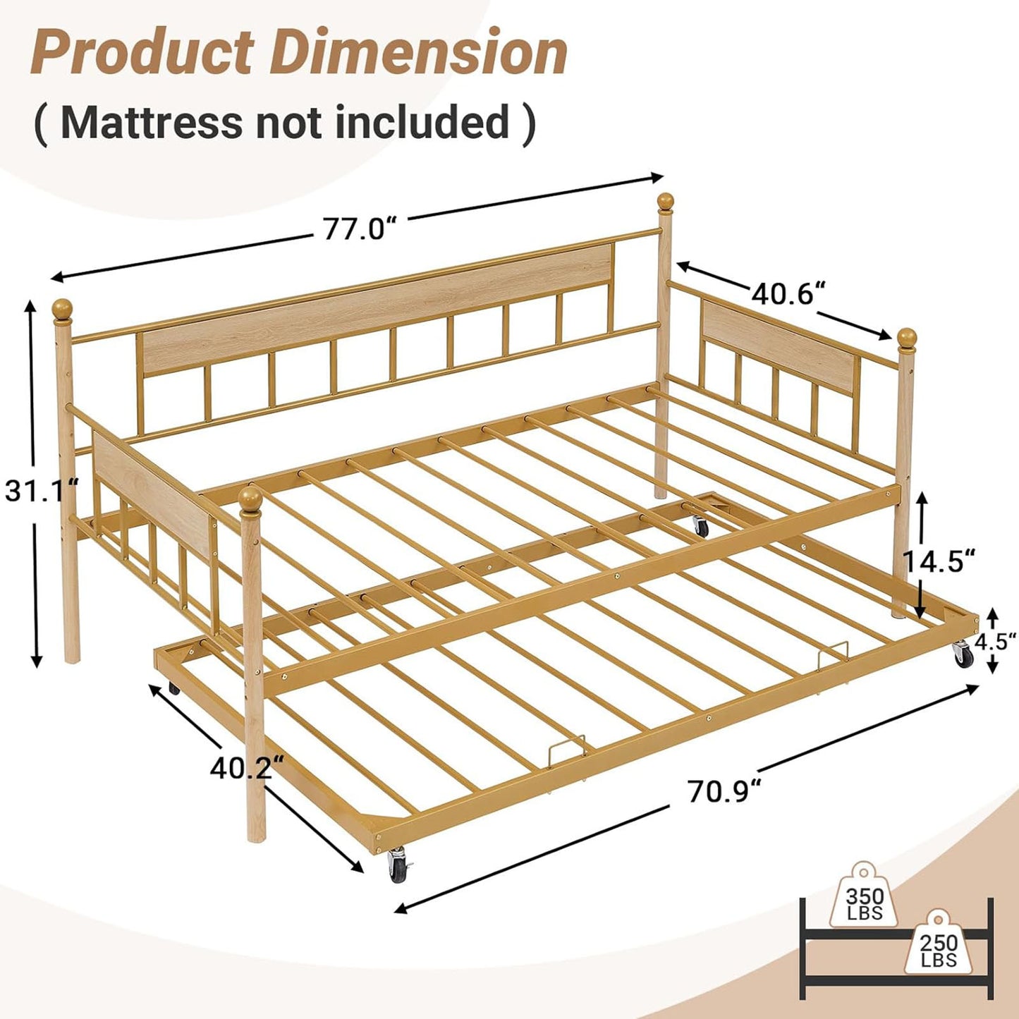 ZIVACATE Twin Metal Daybed with Roll Out Trundle - Easy Assembly,Space-Saving Design - Includes Sturdy Steel Slats-Pop up trundle bed (Gold, Twin)