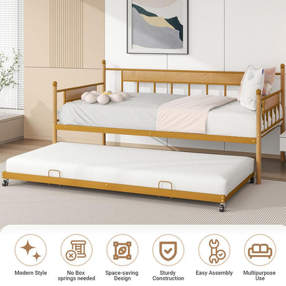 ZIVACATE Twin Metal Daybed with Roll Out Trundle - Easy Assembly,Space-Saving Design - Includes Sturdy Steel Slats-Pop up trundle bed (Gold, Twin)