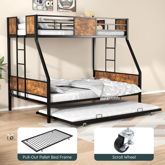 ZIVACATE Twin Over Full Bunk Bed, Metal Bunk Bed with Side Ladders, Sturdy Metal Frame Supports, Noiseless, Black & Brown