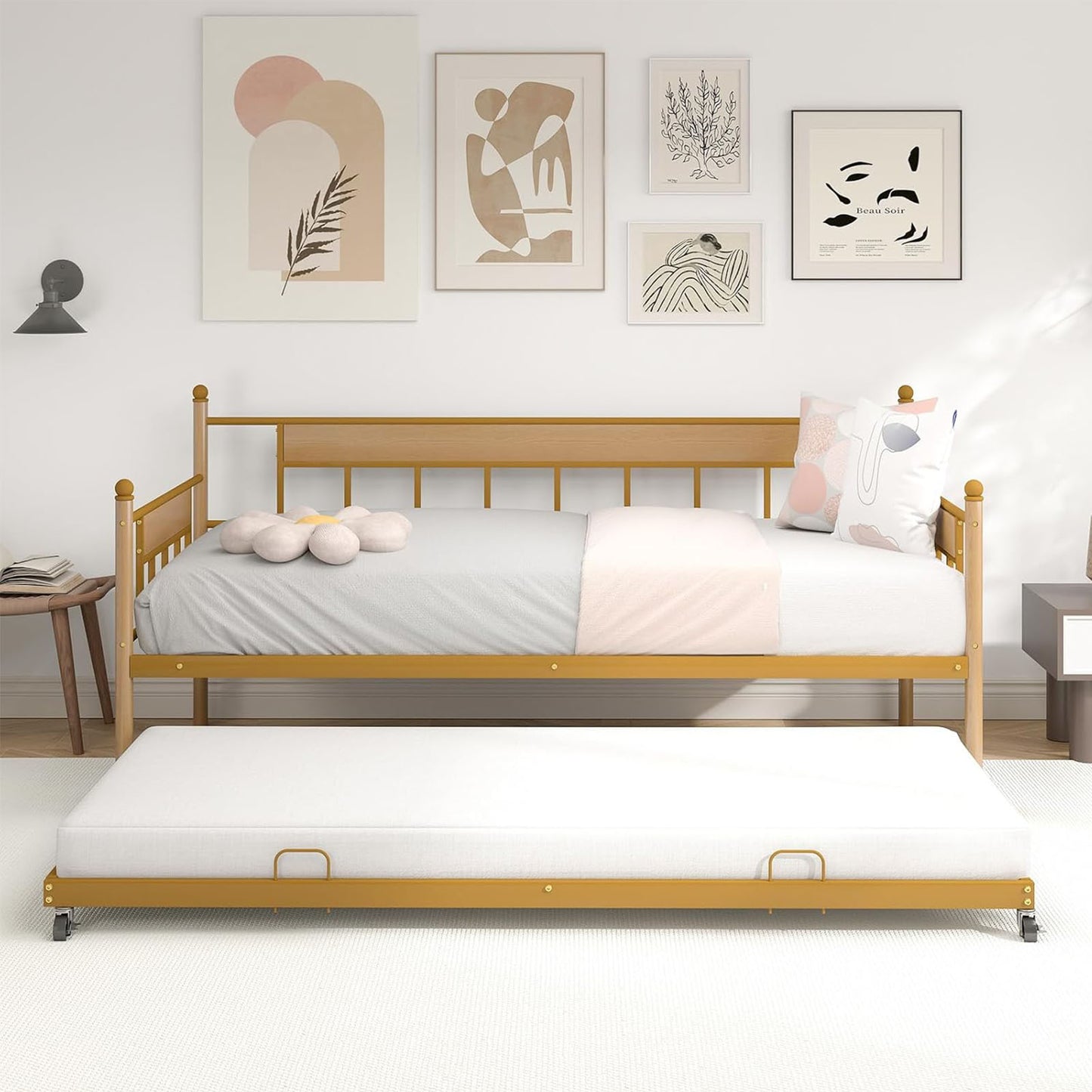 ZIVACATE Twin Metal Daybed with Roll Out Trundle - Easy Assembly,Space-Saving Design - Includes Sturdy Steel Slats-Pop up trundle bed (Gold, Twin)