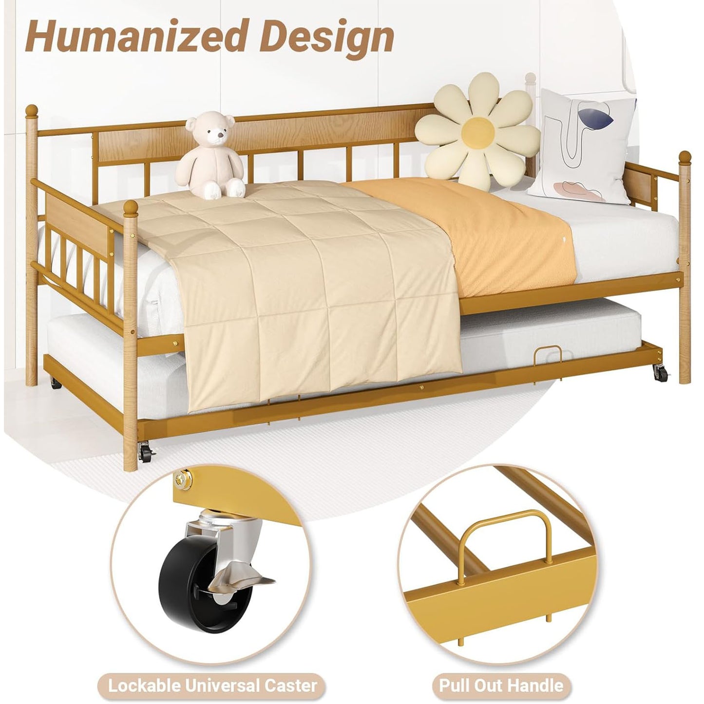 ZIVACATE Twin Metal Daybed with Roll Out Trundle - Easy Assembly,Space-Saving Design - Includes Sturdy Steel Slats-Pop up trundle bed (Gold, Twin)