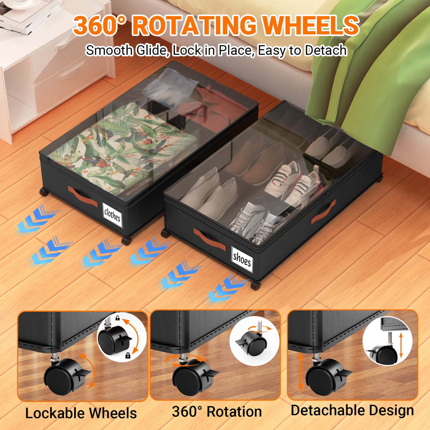 LIZEVINC 2-Pack Large Under Bed Storage with Wheels and Lids – Adjustable Height Rolling Storage Bins with Dividers, Space-Saving Underbed Organizer for Clothes, Shoes, Blankets