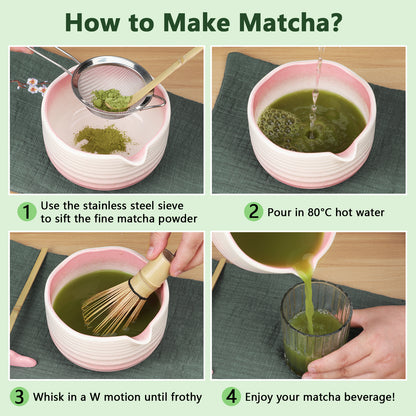 7 Pcs Matcha Whisk Set,Matcha Tea Kit Includes Matcha Bowl with Spout,Matcha Whisk and Holder,Bamboo Matcha Scoop,Stainless Steel Sifter,Scoop Stand and Tea Towel