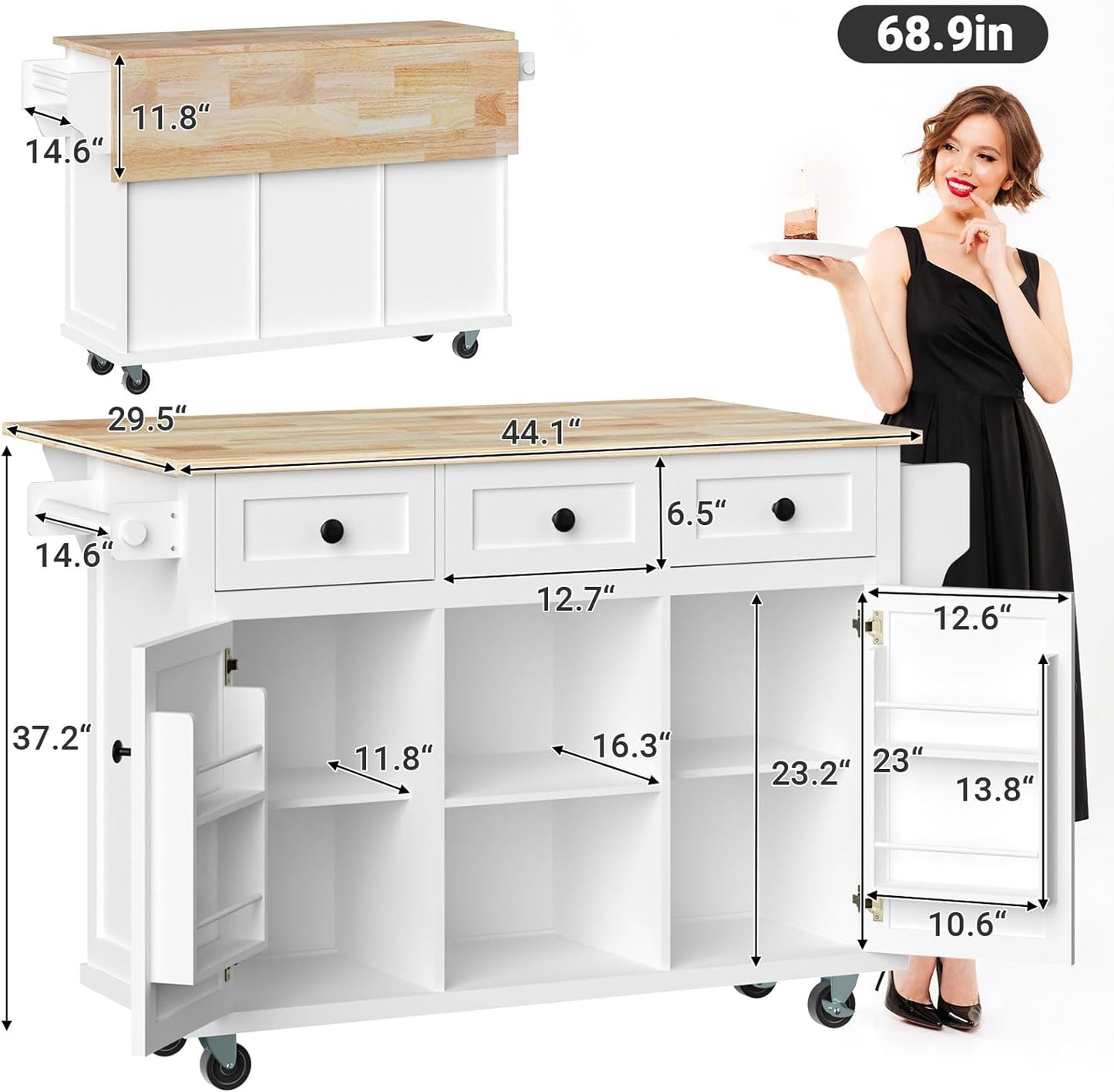 ZIVACATE Rolling Kitchen Island with Drop Leaf 53 in Kitchen Islands on Wheels with Drawers Cabinet Spice Towel Rack Storagefor Kitchen