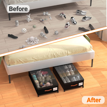 LIZEVINC 2-Pack Large Under Bed Storage with Wheels and Lids – Adjustable Height Rolling Storage Bins with Dividers, Space-Saving Underbed Organizer for Clothes, Shoes, Blankets