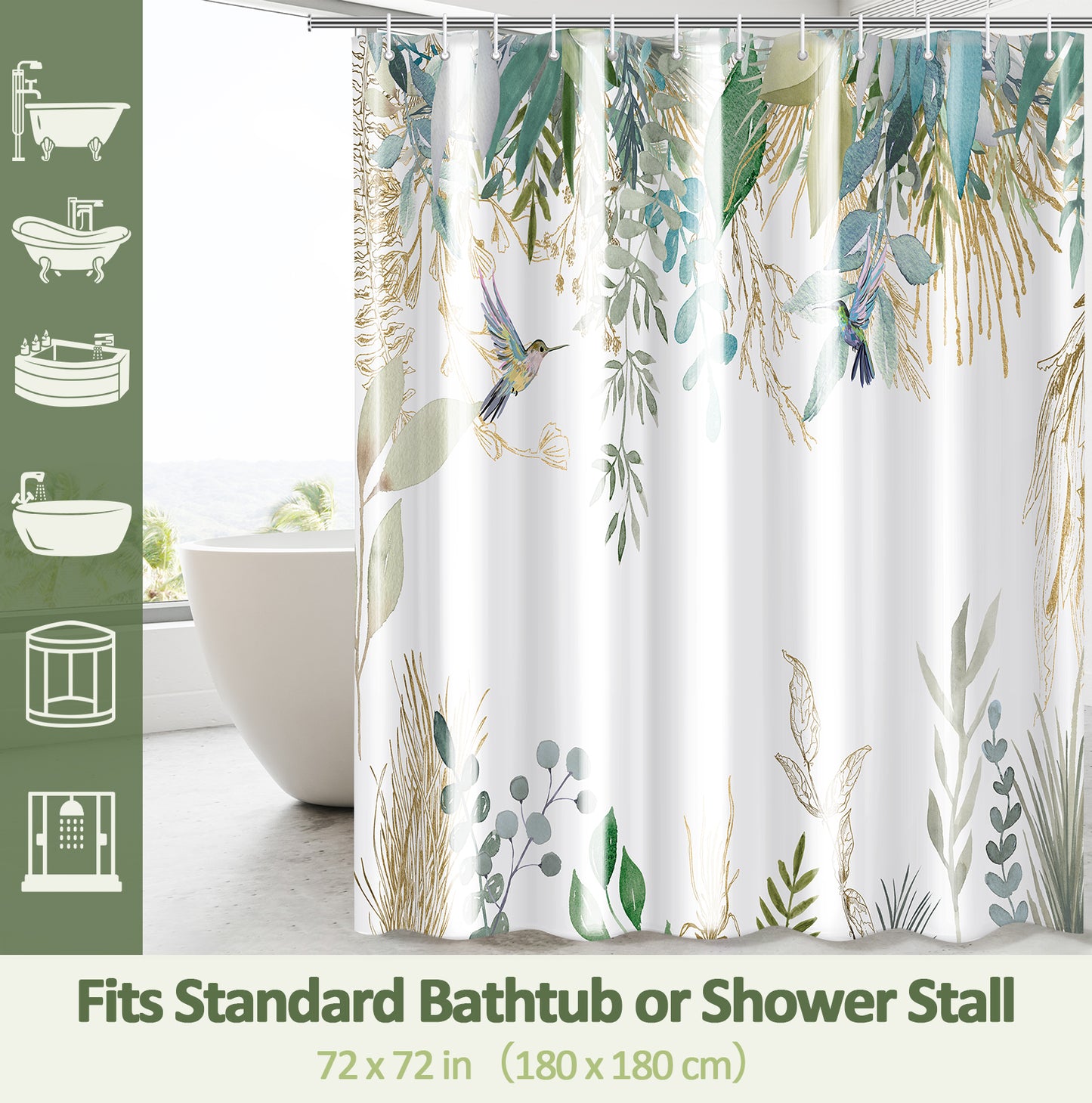 ZIVACATE Shower Curtain with Hooks-Watercolor Plant Leaves Floral Shower Curtain–Heavy-Duty Mold/Mildew-Resistant,Water-Repellent,72 x 72