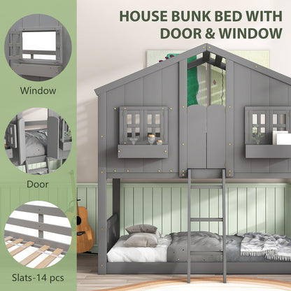 ZIVACATE House Bunk Beds for Kids Twin Over Twin with Stairs