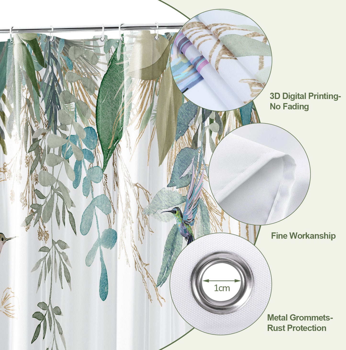 ZIVACATE Shower Curtain with Hooks-Watercolor Plant Leaves Floral Shower Curtain–Heavy-Duty Mold/Mildew-Resistant,Water-Repellent,72 x 72