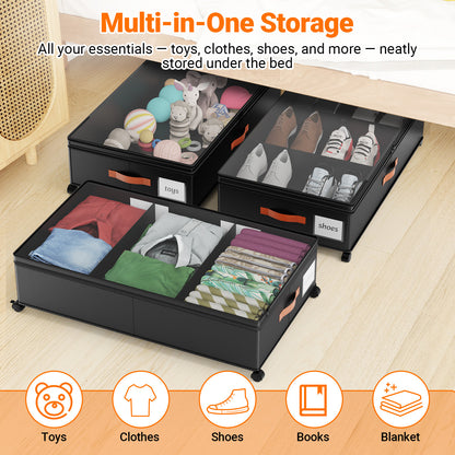 LIZEVINC 2-Pack Large Under Bed Storage with Wheels and Lids – Adjustable Height Rolling Storage Bins with Dividers, Space-Saving Underbed Organizer for Clothes, Shoes, Blankets