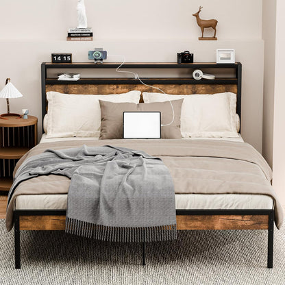 ZIVACATE Full Size Bed Frame with Headboard, USB Ports, Outlets, and Charging Station in Brown