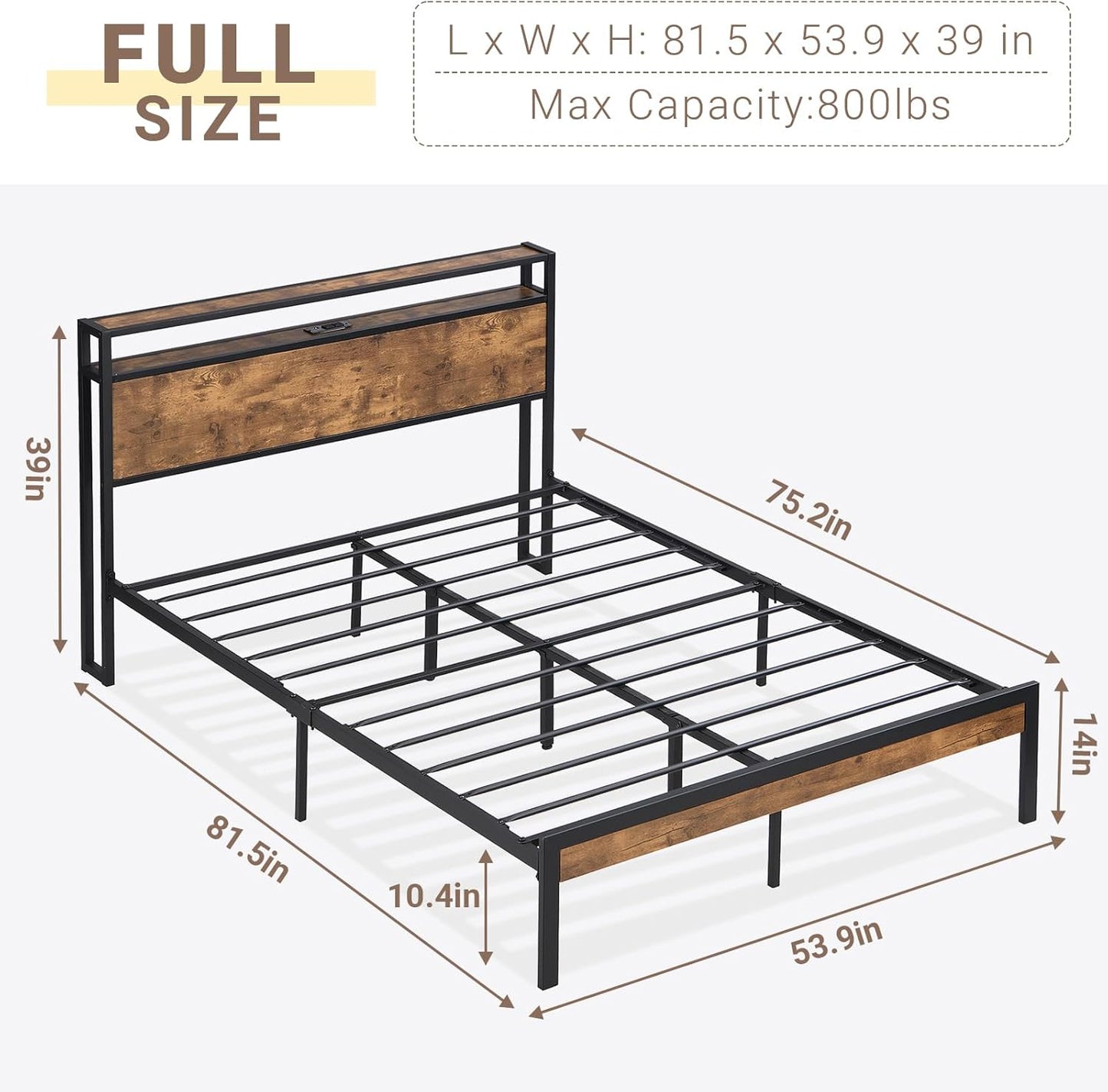 ZIVACATE Full Size Bed Frame with Headboard, USB Ports, Outlets, and Charging Station in Brown