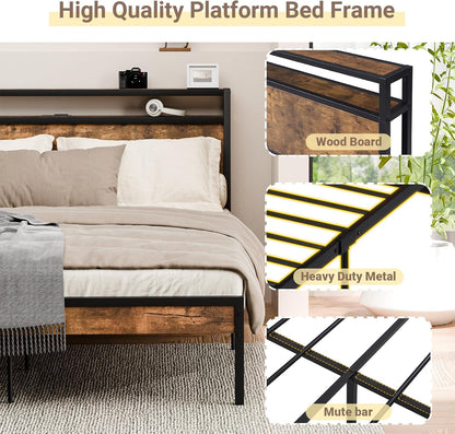 ZIVACATE Full Size Bed Frame with Headboard, USB Ports, Outlets, and Charging Station in Brown