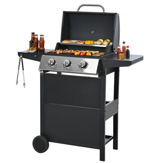 ZIVACATE 3 Burner BBQ Propane Gas Grill, Stainless Steel 25,650 BTU Patio Garden Barbecue Grill with Two Foldable Shelves