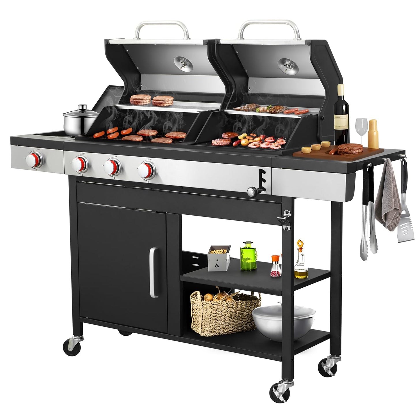 ZIVACATE Propane Gas and Charcoal Grill Combo with Enameled Cast Iron Cooking Grids, 3 Burner Propane Gas BBQ Grill with Side BurnerStainless Steel Finish, 37230BTU