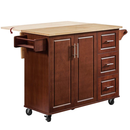 ZIVACATE Walnut 54" Rolling Kitchen Island Cart with Storage, Large Kitchen Cart with Folding Drop Leaf Breakfast Bar, Wood Island Table for Kitchen with 3 Drawers and Spice Rack & Towel Rack, Brown