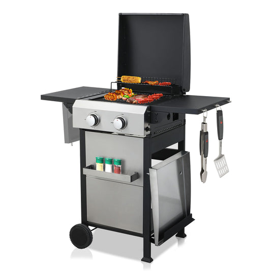 ZIVACATE 2 Burner Propane Gas Grill with Side Burner Stainless Steel and Enameled Cast Iron Grate, 24600BTU