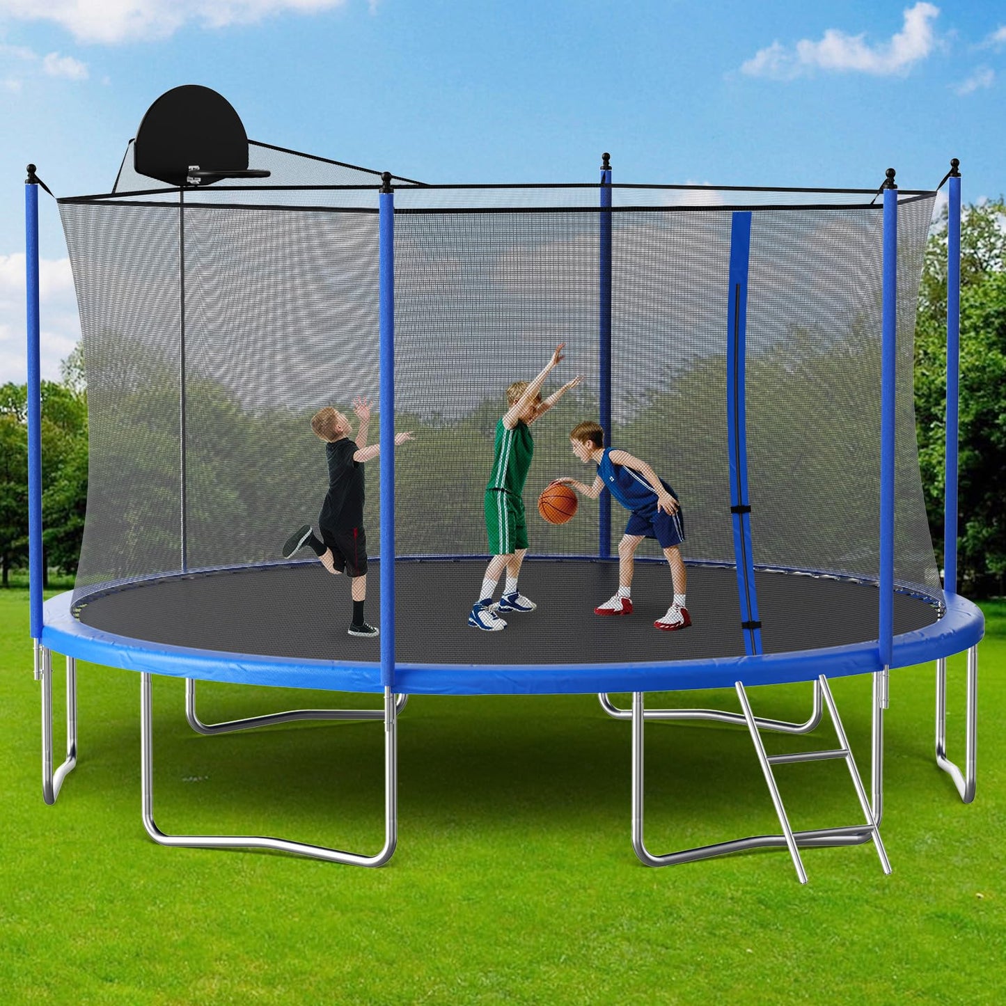 LIZEVINC Outdoor Trampoline for Kids, Upgraded 12/14-Foot Jumping Exercise Fitness Round Trampoline with Enclosure Net, Double-side Color cover ,Basketball Hoop and Ladder, Blue