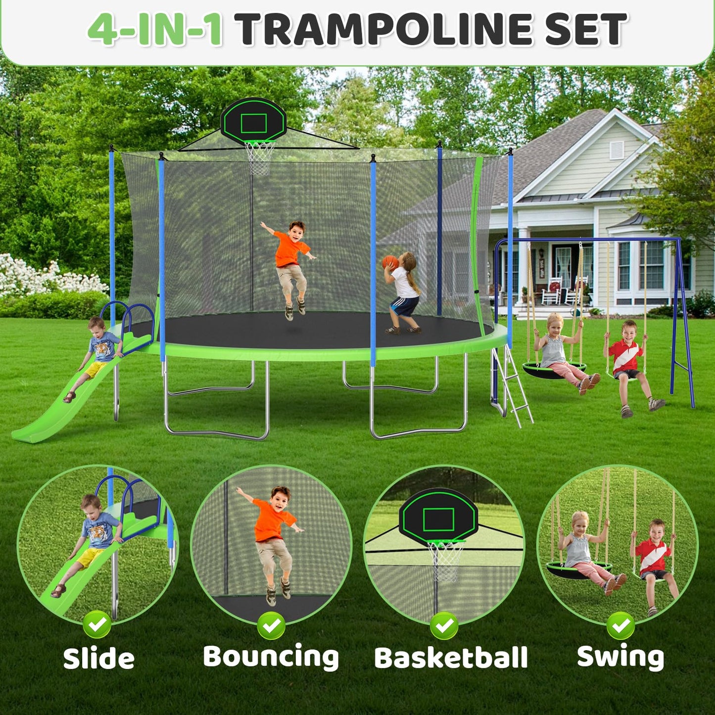 LIZEVINC 12FT/14FT Trampoline Set with Swing, Slide, Basketball Hoop and Ladder-Metal for Kids Adults, Recreational Jumping Trampolines for Outdoor Indoor, Green