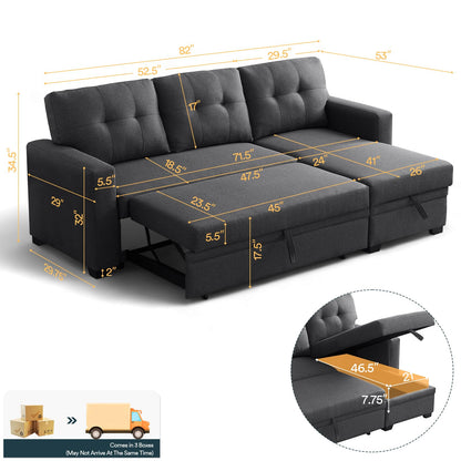 ZIVACATE L-Shape Upholstered Sectional Sofa,2 in 1 Pull-Out Sofabed w/Storage Chaise,for Home,Apartment, Dorm, Bonus Room, Compact Spaces,3-Seat