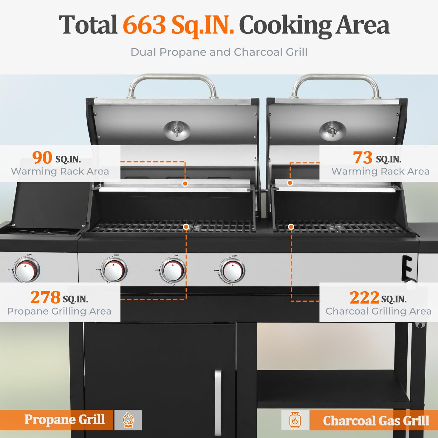 ZIVACATE Propane Gas and Charcoal Grill Combo with Enameled Cast Iron Cooking Grids, 3 Burner Propane Gas BBQ Grill with Side BurnerStainless Steel Finish, 37230BTU