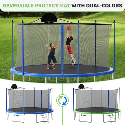 LIZEVINC Outdoor Trampoline for Kids, Upgraded 12/14-Foot Jumping Exercise Fitness Round Trampoline with Enclosure Net, Double-side Color cover ,Basketball Hoop and Ladder, Blue