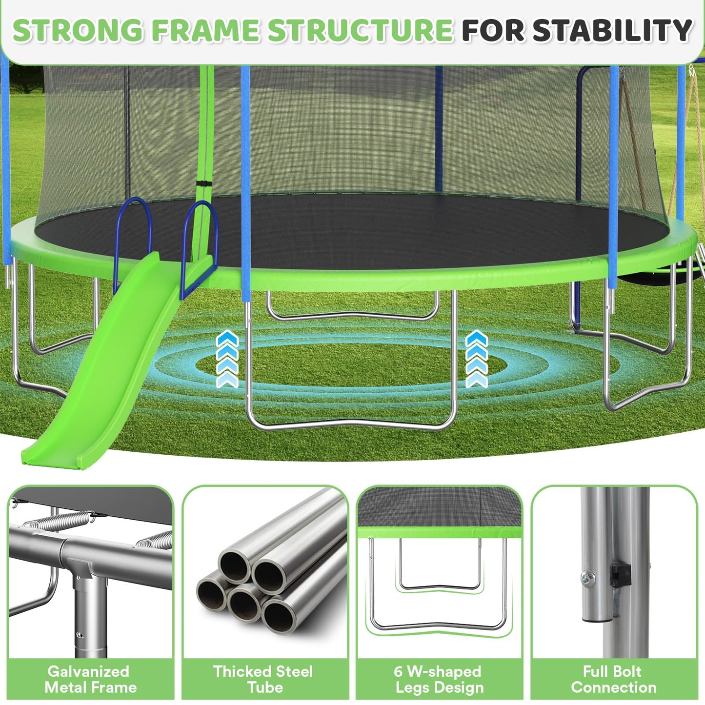 LIZEVINC 12FT/14FT Trampoline Set with Swing, Slide, Basketball Hoop and Ladder-Metal for Kids Adults, Recreational Jumping Trampolines for Outdoor Indoor, Green