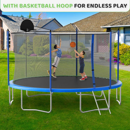 LIZEVINC Outdoor Trampoline for Kids, Upgraded 12/14-Foot Jumping Exercise Fitness Round Trampoline with Enclosure Net, Double-side Color cover ,Basketball Hoop and Ladder, Blue