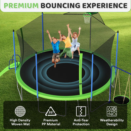 LIZEVINC 12FT/14FT Trampoline Set with Swing, Slide, Basketball Hoop and Ladder-Metal for Kids Adults, Recreational Jumping Trampolines for Outdoor Indoor, Green