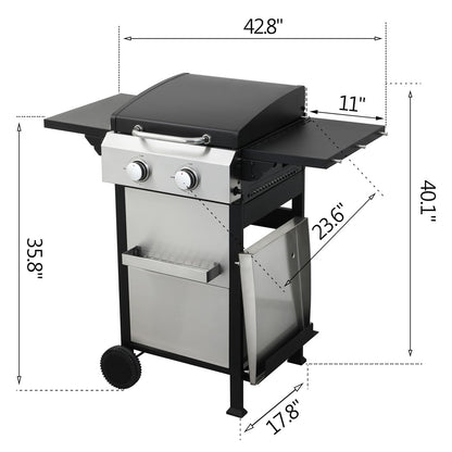 ZIVACATE 2 Burner Propane Gas Grill with Side Burner Stainless Steel and Enameled Cast Iron Grate, 24600BTU