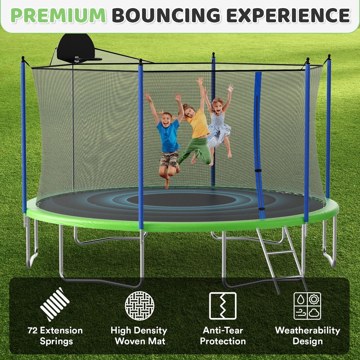 LIZEVINC Outdoor Trampoline for Kids, Upgraded 12/14-Foot Jumping Exercise Fitness Round Trampoline with Enclosure Net, Double-side Color cover ,Basketball Hoop and Ladder, Blue