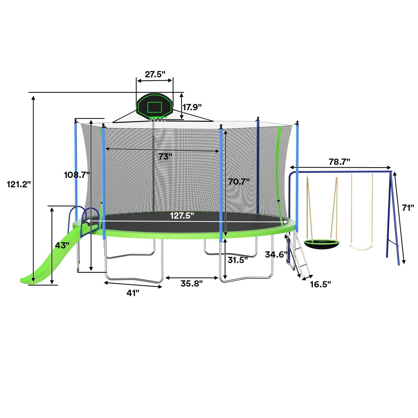 LIZEVINC 12FT/14FT Trampoline Set with Swing, Slide, Basketball Hoop and Ladder-Metal for Kids Adults, Recreational Jumping Trampolines for Outdoor Indoor, Green