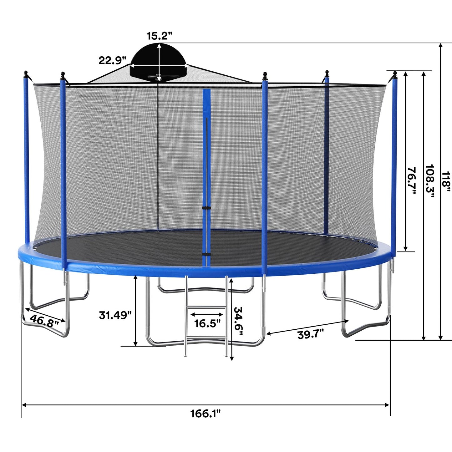 LIZEVINC Outdoor Trampoline for Kids, Upgraded 12/14-Foot Jumping Exercise Fitness Round Trampoline with Enclosure Net, Double-side Color cover ,Basketball Hoop and Ladder, Blue