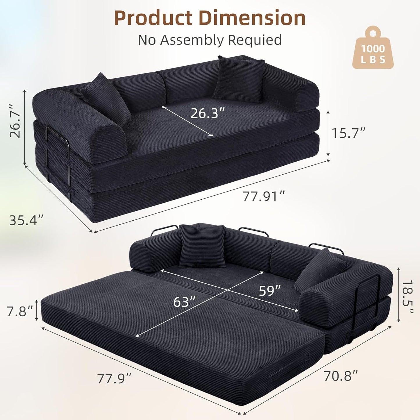 Convertible Sleeper Sofa Bed with Cylindrical Pillow, Corduroy Folding Mattress Couch with Fixed-Shape, Modular Sectional for Living Room, Bedroom, Studio