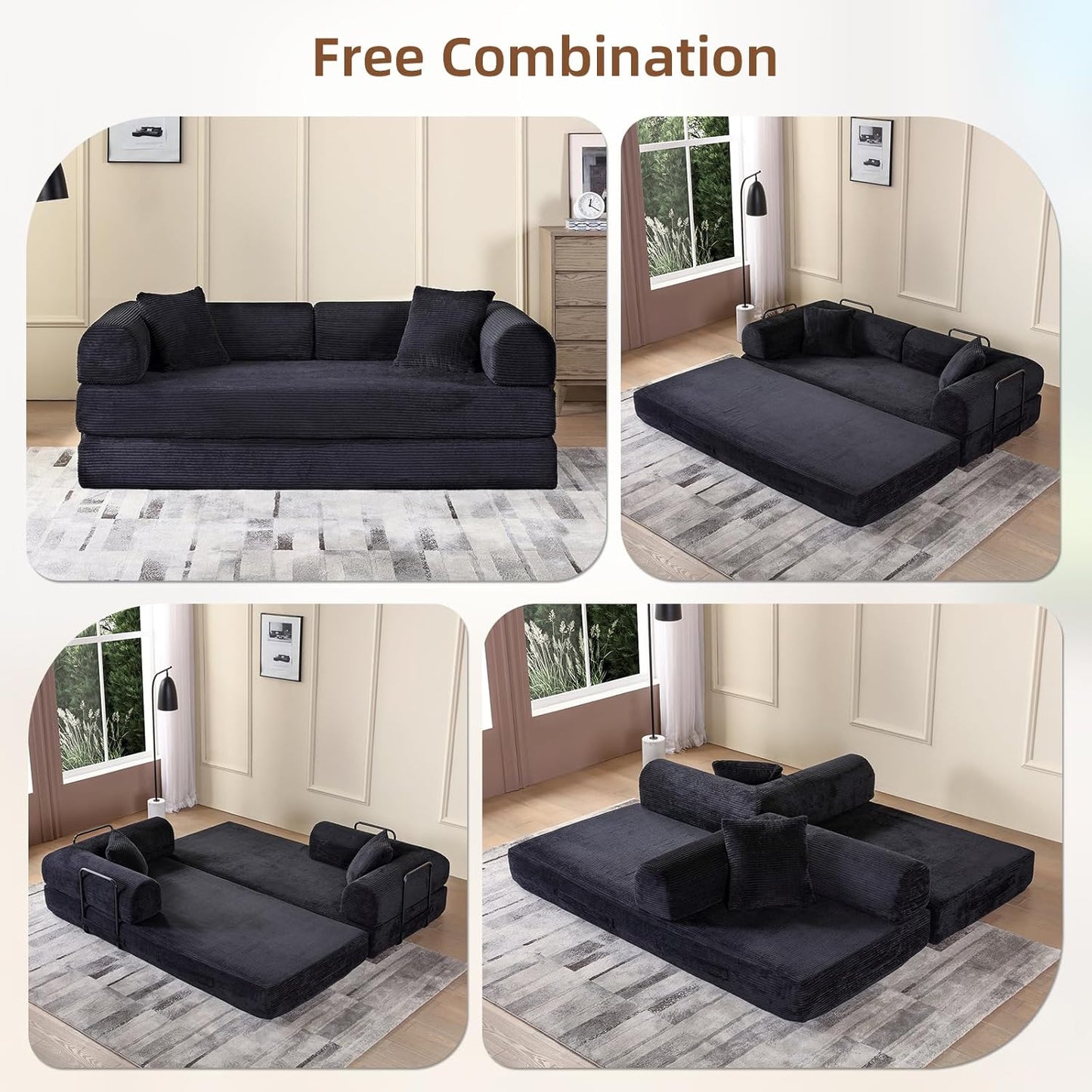 Convertible Sleeper Sofa Bed with Cylindrical Pillow, Corduroy Folding Mattress Couch with Fixed-Shape, Modular Sectional for Living Room, Bedroom, Studio