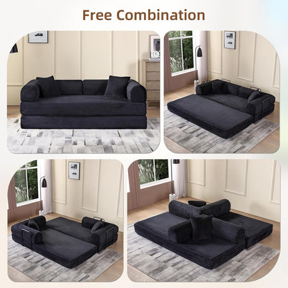 Convertible Sleeper Sofa Bed with Cylindrical Pillow, Corduroy Folding Mattress Couch with Fixed-Shape, Modular Sectional for Living Room, Bedroom, Studio