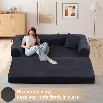 Convertible Sleeper Sofa Bed with Cylindrical Pillow, Corduroy Folding Mattress Couch with Fixed-Shape, Modular Sectional for Living Room, Bedroom, Studio