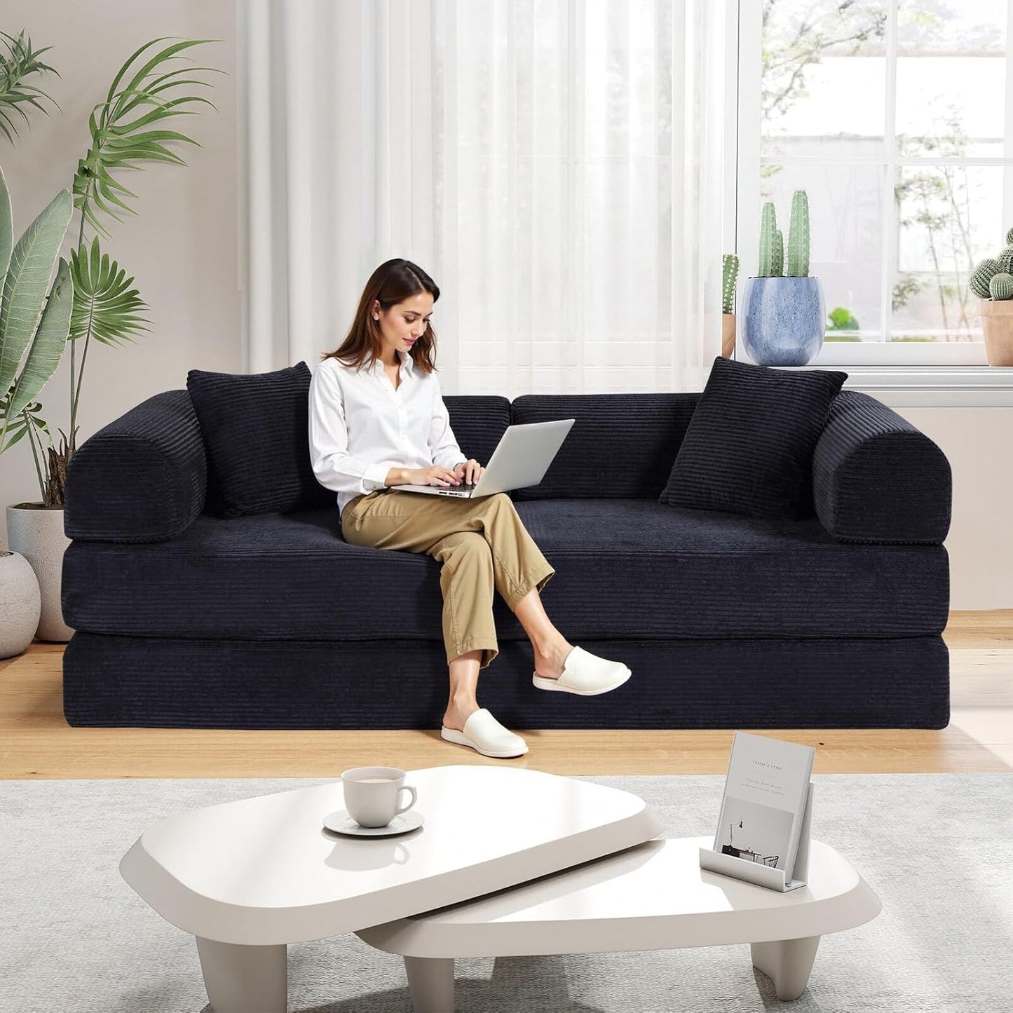 Convertible Sleeper Sofa Bed with Cylindrical Pillow, Corduroy Folding Mattress Couch with Fixed-Shape, Modular Sectional for Living Room, Bedroom, Studio